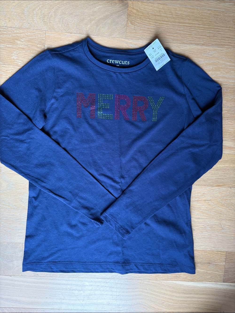 Crewcuts Navy Long-Sleeve Top with Multicolor 'MERRY' Rhinestones